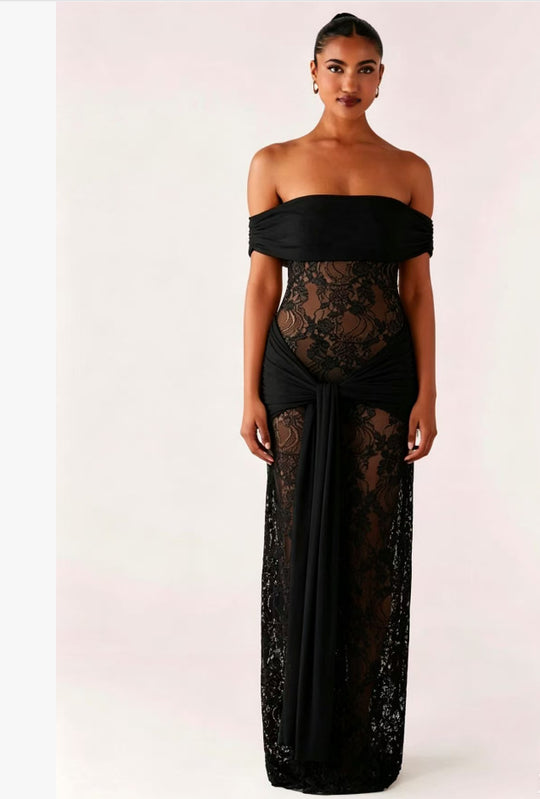 Damen Elegant drapiertes Spitzenkleid mit off-shoulder Design EB