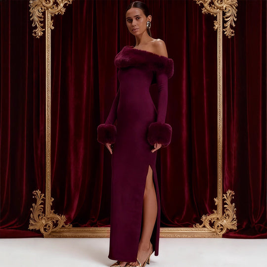 Damen Langarm-Maxikleid mit schulterfreier Optik und eleganten Fellakzenten EB