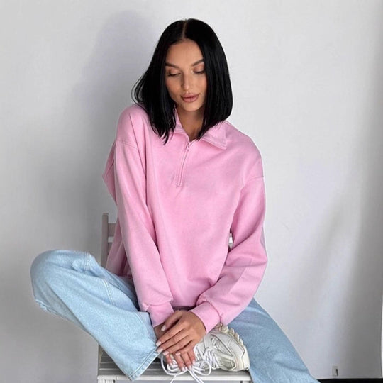 Damen Oversized Sweatshirt mit halbem Reißverschluss und elastischem Saum EB