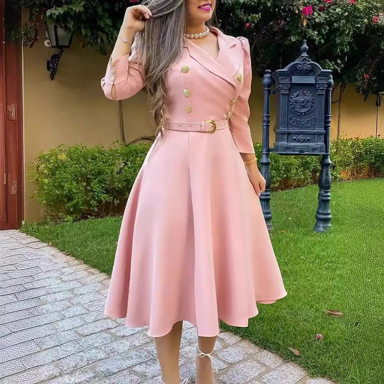 Damen Elegantes und feminines Kleid mit doppelter Knopfleiste und Gürtel EB