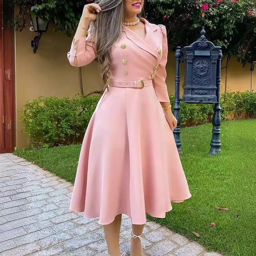Damen Elegantes und feminines Kleid mit doppelter Knopfleiste und Gürtel EB