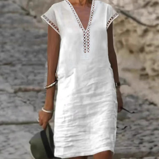 Damen nan leichtes Leinen-Kaftankleid mit V-Ausschnitt und Ajourbesatz EB