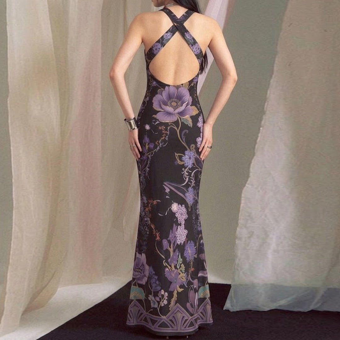 Damen Elegantes Maxikleid mit floralem Design und tiefem V-Ausschnitt EB