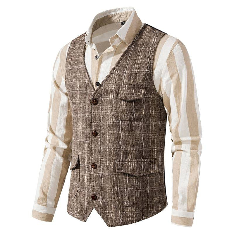 Herren nan kariertes Wollmix Gilet mit Brusttasche und aufgesetzten Seitentaschen EB