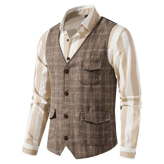 Herren nan kariertes Wollmix Gilet mit Brusttasche und aufgesetzten Seitentaschen EB