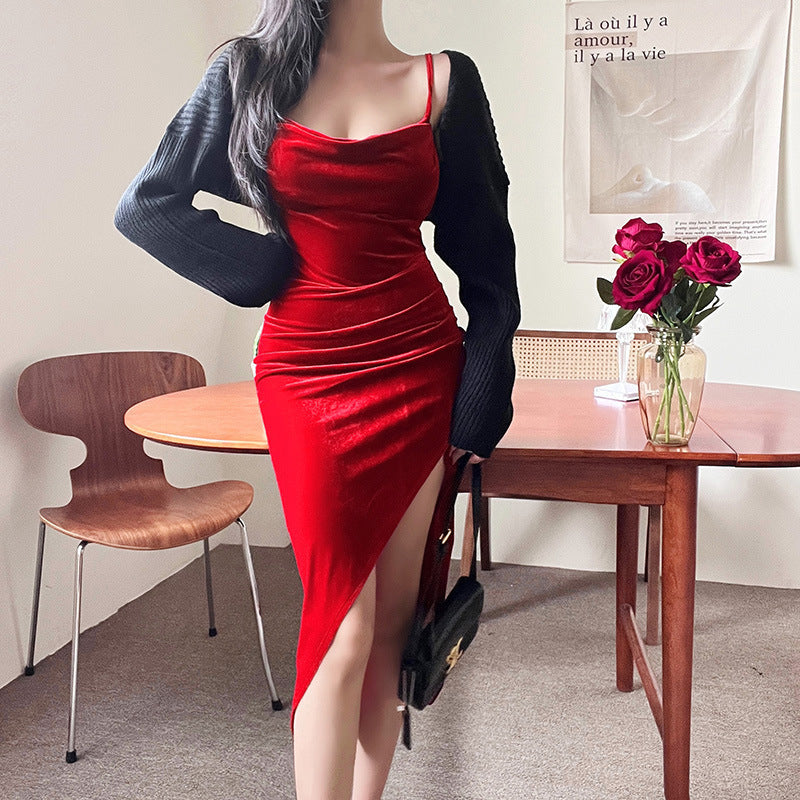Damen elegantes Wickelkleid mit hohem Schlitz und schmalen Trägern EB
