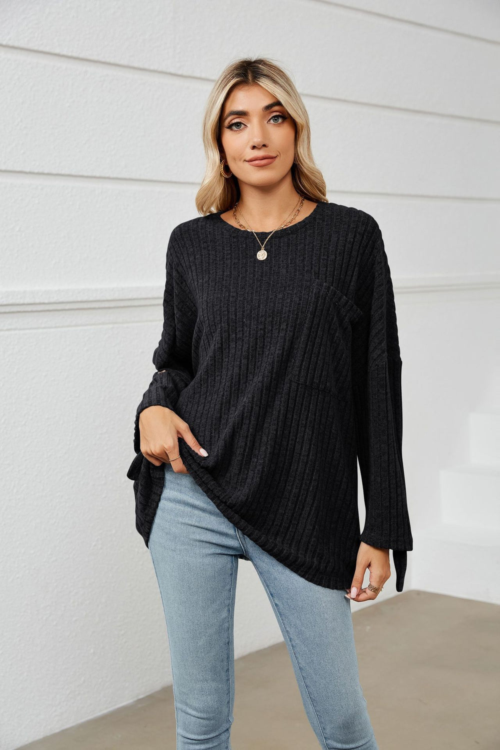 Damen lockeres Strickoberteil mit Baumwolldetail EB