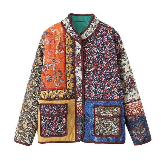 Damen gesteppte Patchwork-Jacke mit praktischen Taschen und farbenfrohem Muster EB