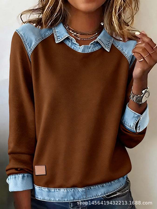 Damen nan gerippter Strickpullover mit Jeanskragen und Knopfleiste EB