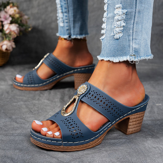 Damen modische Pantolette mit dekorativem Strassverschluss und komfortablem Blockabsatz EB