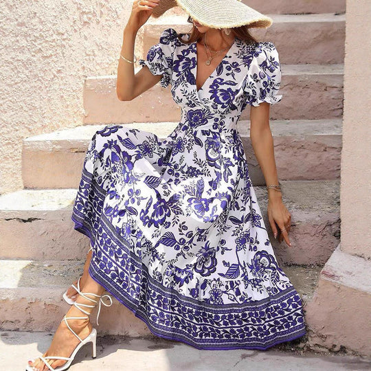 Damen nan boho-inspiriertes Maxikleid mit geraffter Empire-Taille, kurzen Puffärmeln und dekorativem Bordürenprint EB