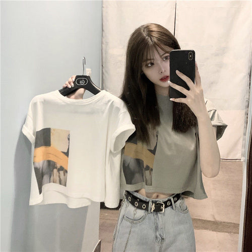 Damen Crop-T-Shirt mit kreativem Grafikdruck EB