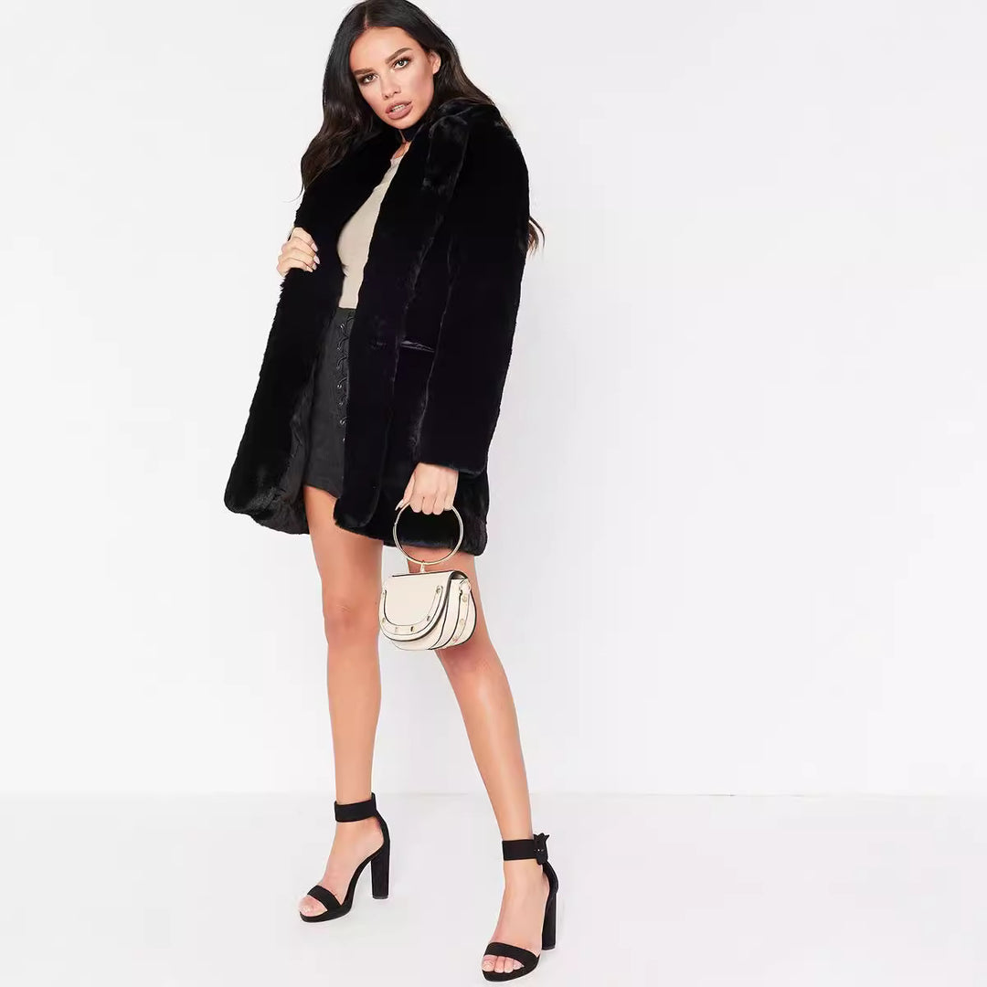 Damen Flauschige Langjacke aus Kunstpelz mit Kapuze EB