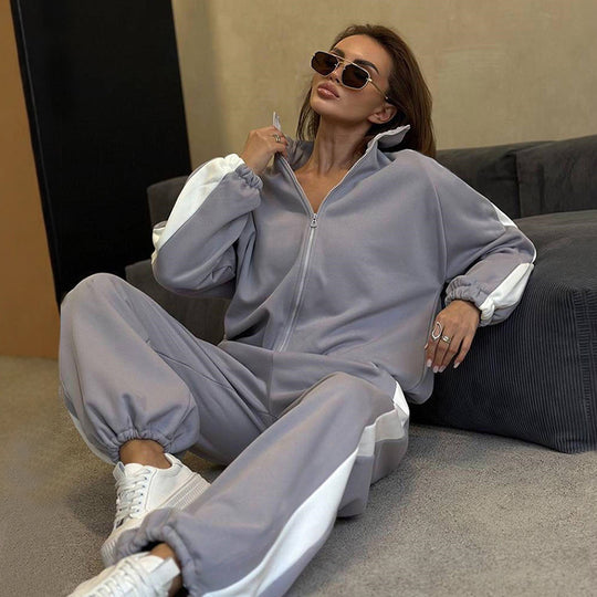Damen Velours-Loungewear-Set mit Stehkragen, Zip-Jacke und weitem Palazzo-Hosenbein EB