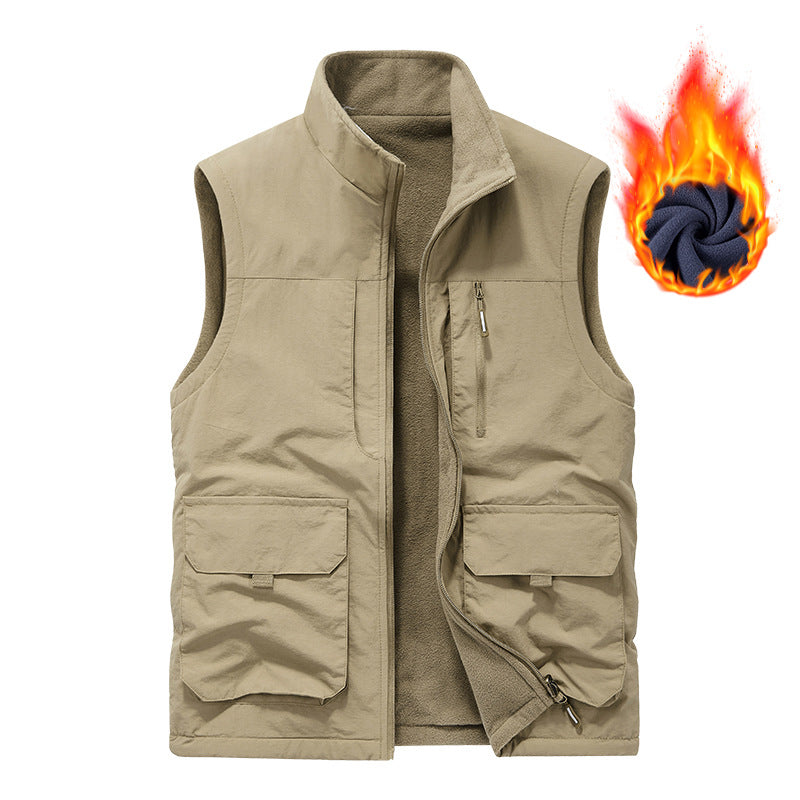 Herren thermische Fleece-Innenweste mit wasserabweisender Außenhülle, multiplen Utility-Taschen und hohem Stehkragen EB