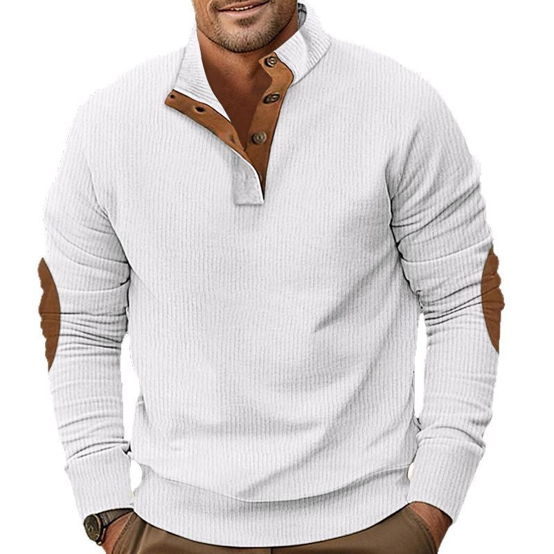 Herren nan geripptes Henley-Langarmshirt mit Stehkragen und Leder-Ellbogenpatches EB