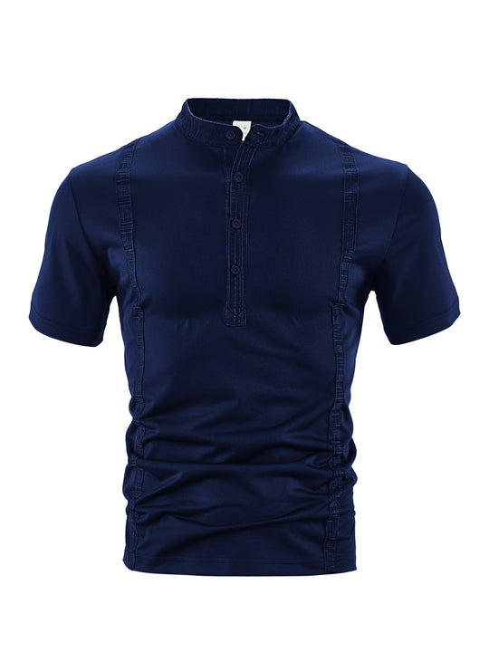 Herren nan Kurzarm-Stehkragenshirt mit verdeckter Knopfleiste, Zierpaspeln und figurbetonter Silhouette EB