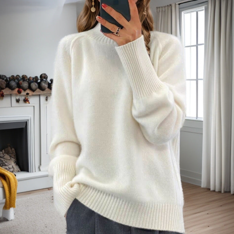 Damen nan kuscheliger Feinstrickpullover mit Rundhalsausschnitt, überschnittener Schulterpartie und gerippten Bündchen EB