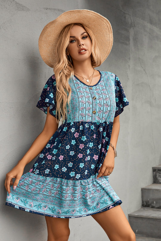 Damen Freizeitkleid mit floralem Vintage-Muster und Knopfdetails EB
