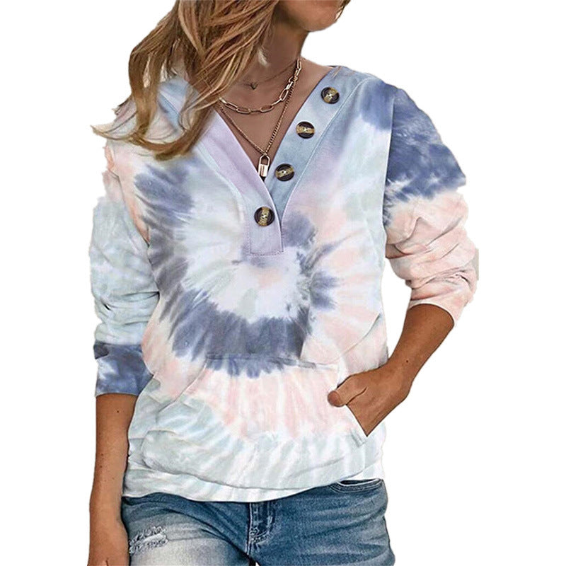 Damen lässiger Pullover mit Knopfdetails und modernem Batikmuster EB