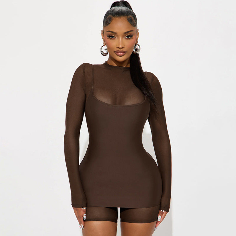 Damen Figurbetontes Langarm-Minikleid mit transparenten Einsätzen EB