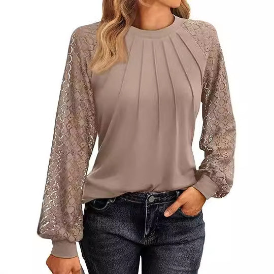 Damen Elegantes Oberteil mit dekorativen Spitzenärmeln und gerafftem Detail EB