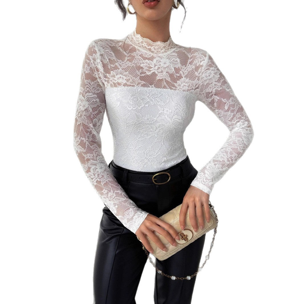 Damen Elegantes Spitzenoberteil mit hochgeschlossenem Kragen und langen Ärmeln EB