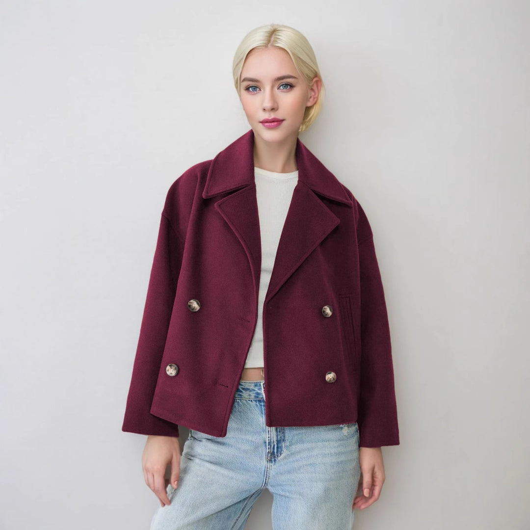 Damen nan kurzes doppeltreihiges Wollmix-Manteljacke im Boxy-Cut mit weitem Reverskragen EB