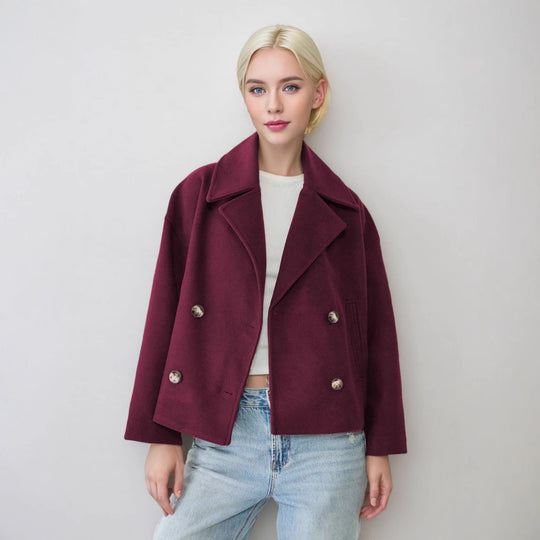Damen nan kurzes doppeltreihiges Wollmix-Manteljacke im Boxy-Cut mit weitem Reverskragen EB