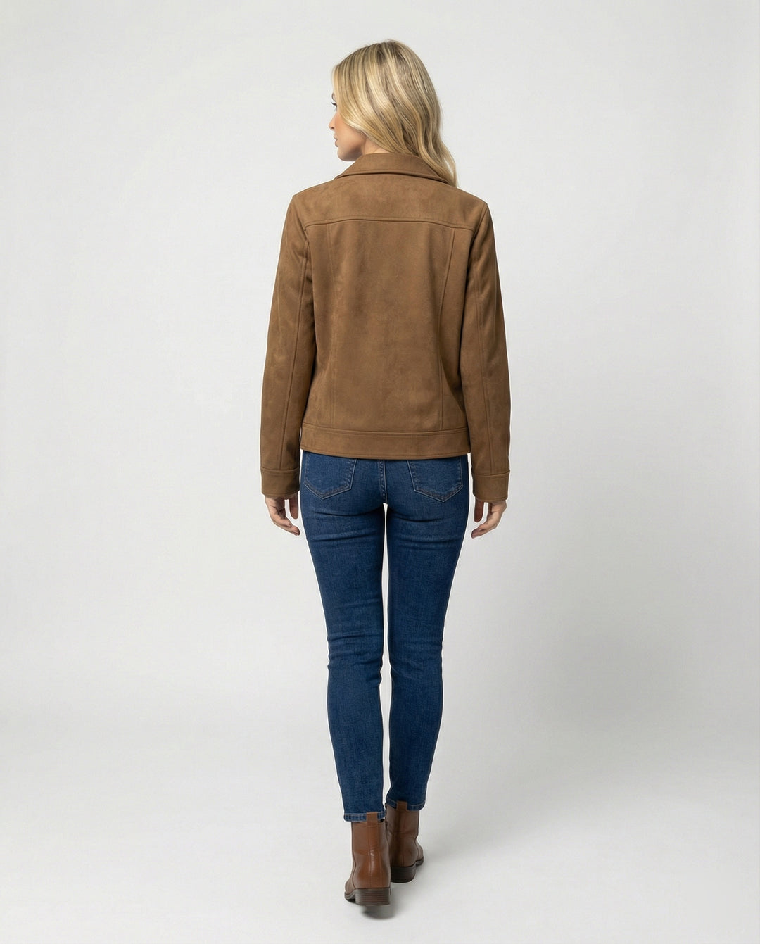 Damen Online Shop Mode lässige Oversize Velourslederjacke mit verdecktem Reißverschluss und aufgesetzten Taschen EB
