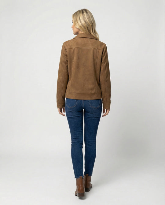 Damen Online Shop Mode lässige Oversize Velourslederjacke mit verdecktem Reißverschluss und aufgesetzten Taschen EB