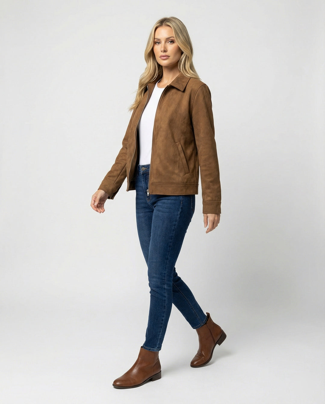 Damen Online Shop Mode lässige Oversize Velourslederjacke mit verdecktem Reißverschluss und aufgesetzten Taschen EB