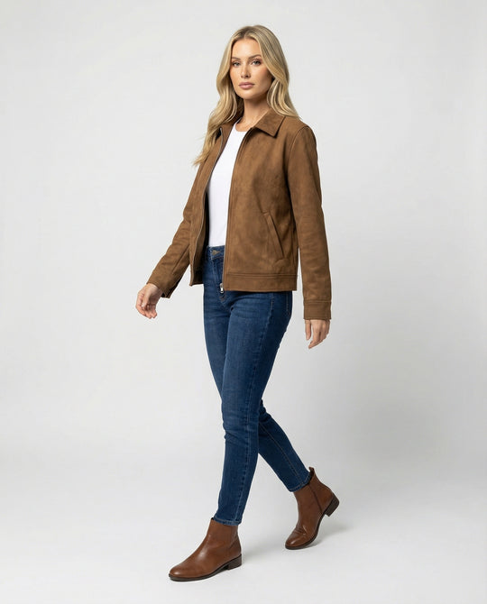 Damen Online Shop Mode lässige Oversize Velourslederjacke mit verdecktem Reißverschluss und aufgesetzten Taschen EB