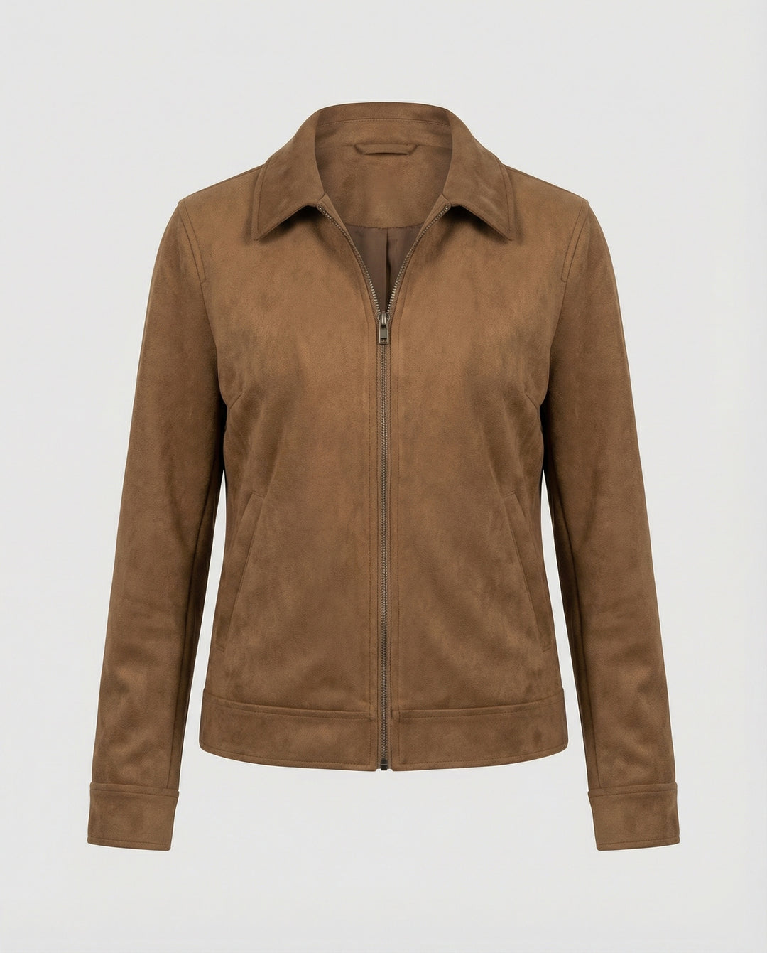 Damen Online Shop Mode lässige Oversize Velourslederjacke mit verdecktem Reißverschluss und aufgesetzten Taschen EB