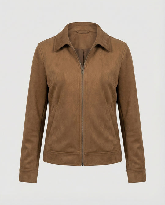 Damen Online Shop Mode lässige Oversize Velourslederjacke mit verdecktem Reißverschluss und aufgesetzten Taschen EB