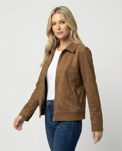 Damen Online Shop Mode lässige Oversize Velourslederjacke mit verdecktem Reißverschluss und aufgesetzten Taschen EB