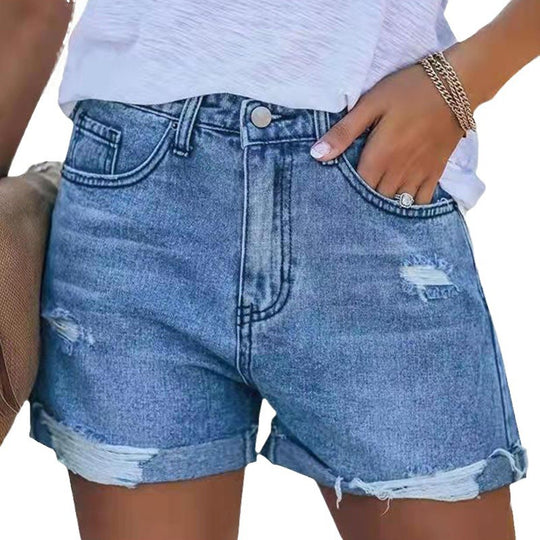 Damen Sommerliche Destroyed Jeansshorts mit umgeschlagenem Saum EB