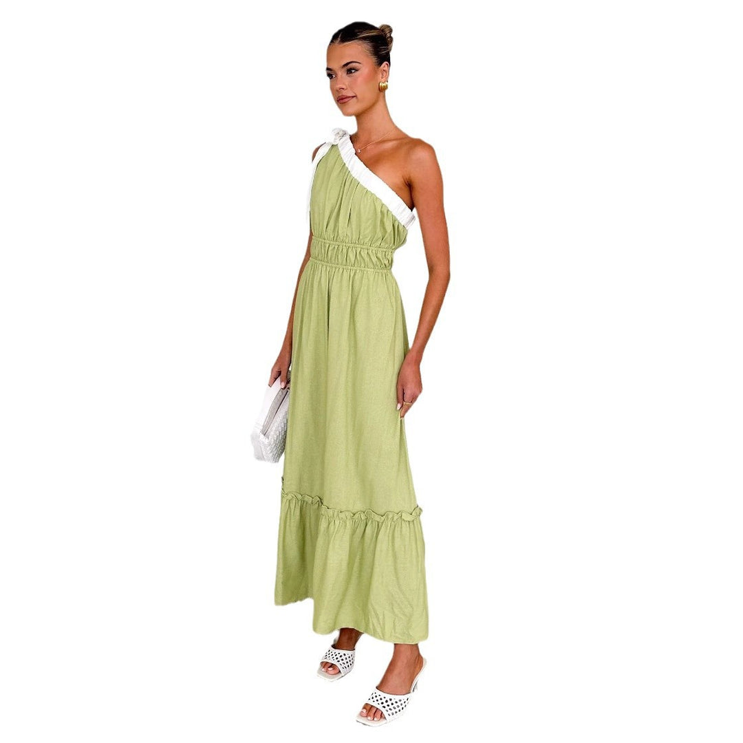 Damen Maxikleid mit asymmetrischem Schulterdesign und fließendem Faltenrock EB