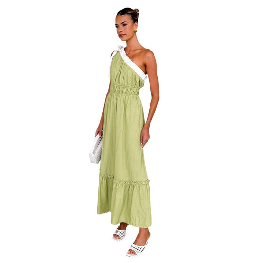 Damen Maxikleid mit asymmetrischem Schulterdesign und fließendem Faltenrock EB