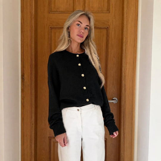 Damen kastiger Feinstrick-Cardigan mit goldfarbenen Zierknöpfen und gerippten Bündchen Eichborn Berlin