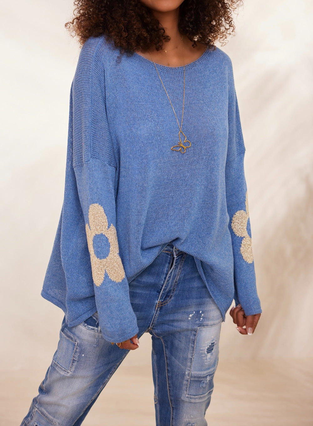 Damen grob gestrickter Pullover mit floralem Design und weitem Schnitt EB