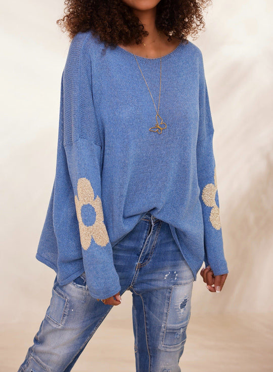 Damen grob gestrickter Pullover mit floralem Design und weitem Schnitt EB