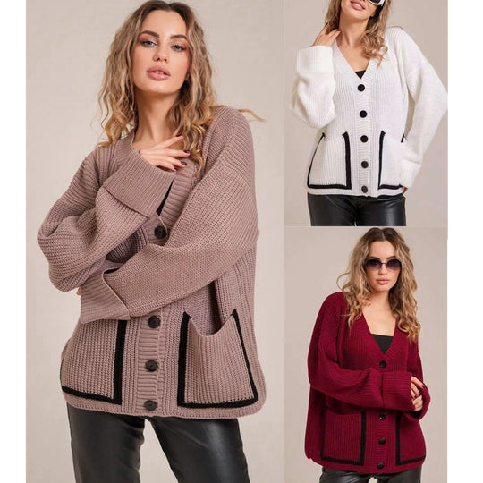 Damen lässiger Strickcardigan mit kontrastierenden Taschen und klassischen Knopfdetail EB