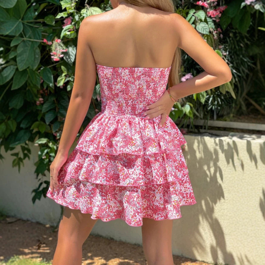 Damen Rüschenkleid mit schulterfreiem Design und floralem Muster EB