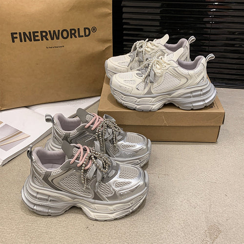 Damen Sportliche Sneakers mit perlbesetzten Schnürsenkeln und atmungsaktivem Obermaterial EB