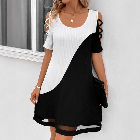 Damen modisches Freizeitkleid mit Cut-Out Ärmeln und asymmetrischem Design EB