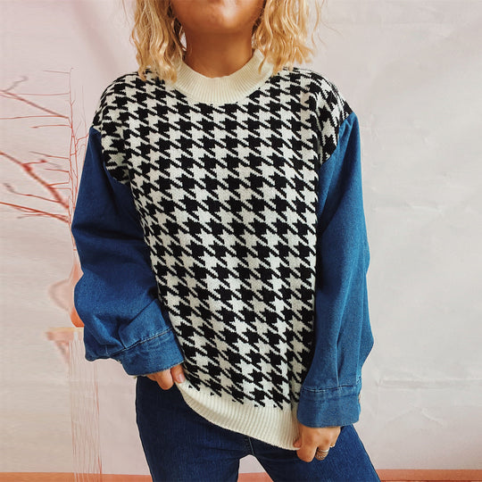 Damen Strickpullover im modernen Hahnentrittmuster mit lässigen Denim-Ärmeln EB