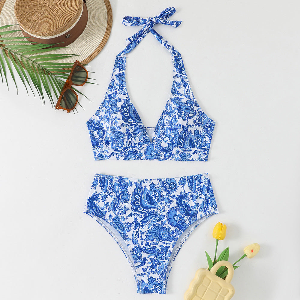 Damen Bikini-Set mit hoch geschnittenem Hosenrock und floralem Muster EB