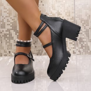 Damen Blockabsatz-Schnürschuhe mit modischem Riemendesign und rutschfester Sohle EB