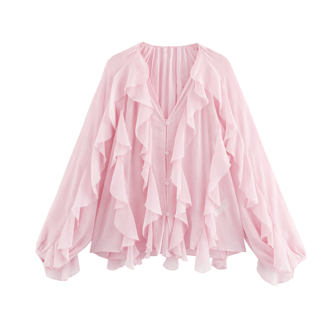 Damen nan feminine Chiffon-Volantbluse mit Ballonärmeln und V-Ausschnitt EB